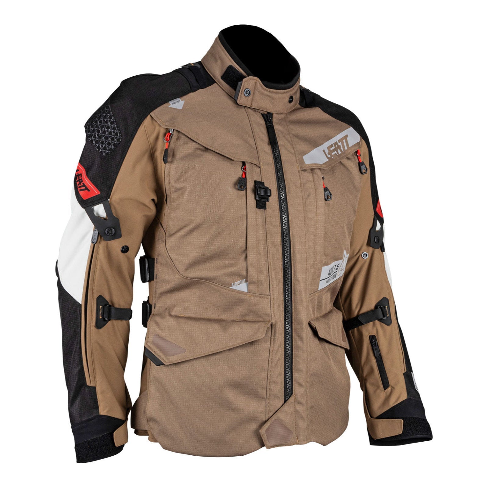 tan black and white adventure jacket