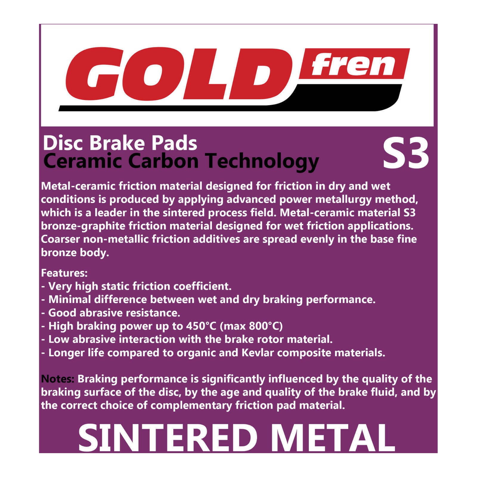GOLDfren Brake Pads Sintered Sports GF057 - S3 (PH74)
