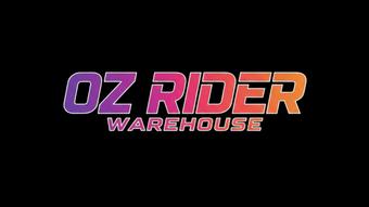 Colorful 'OZ RIDER WAREHOUSE' logo on a black background