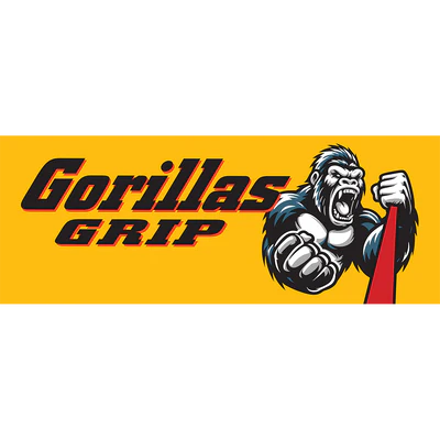 Gorillas Grip logo with a gorilla holding a red bandage on a yellow background