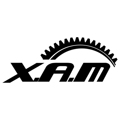 X.A.M logo with a gear design on a white background